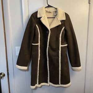 LL Bean Jacket Womens Small Brown Faux Suede Sherpa Lined Fleece Coat Button